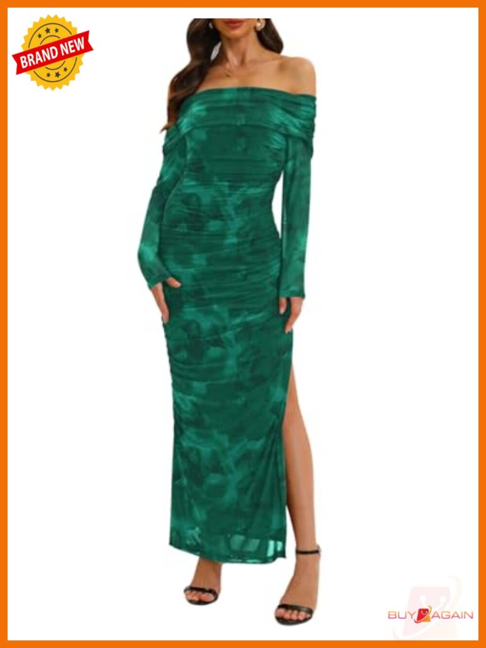 Off Shoulder Long Sleeve Bodycon Mesh Ruched High Split Maxi Dress